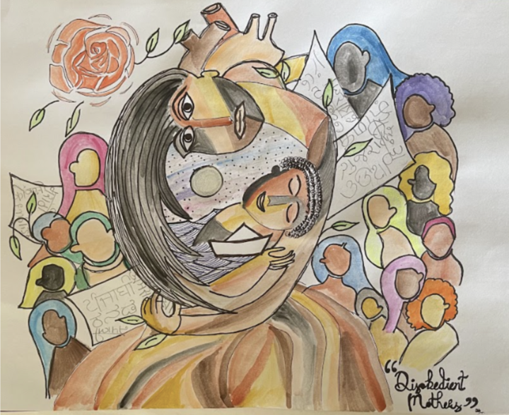 Colorful image depicting a mother holding her child